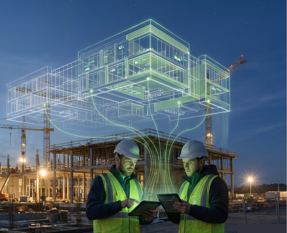Concept illustration: a digital building model connects with engineers using tablets on site