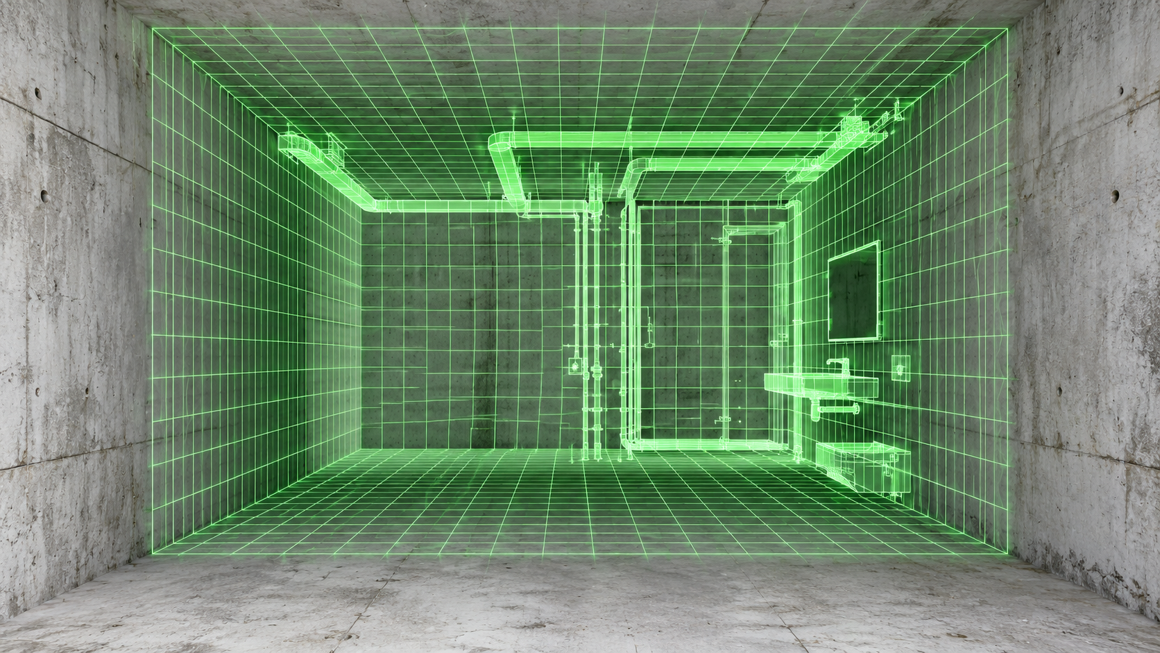 Concept illustration of a digital model overlaid on a physical space